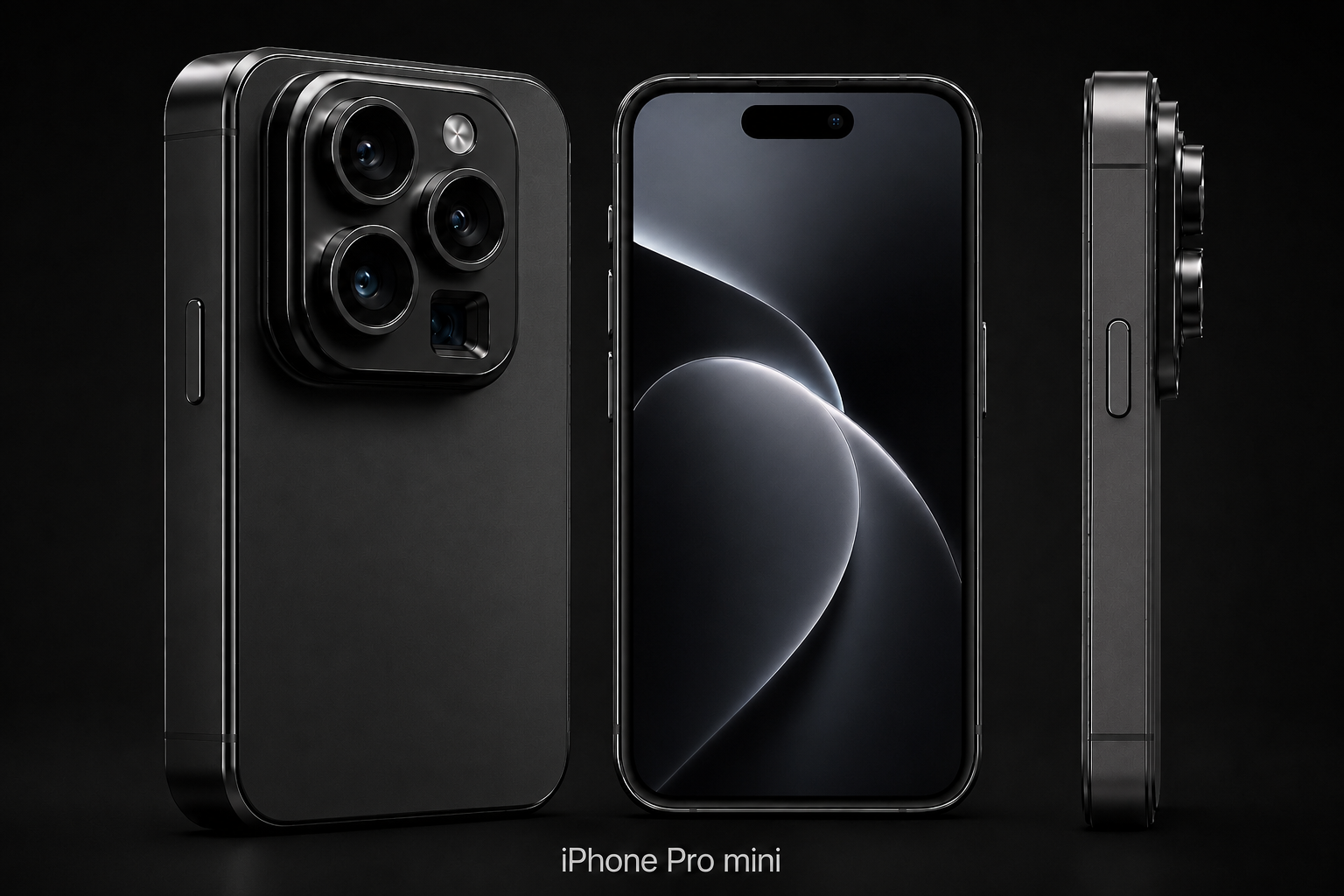 Thick compact Pro mini concept shown from the rear, front with visible physical controls, and side